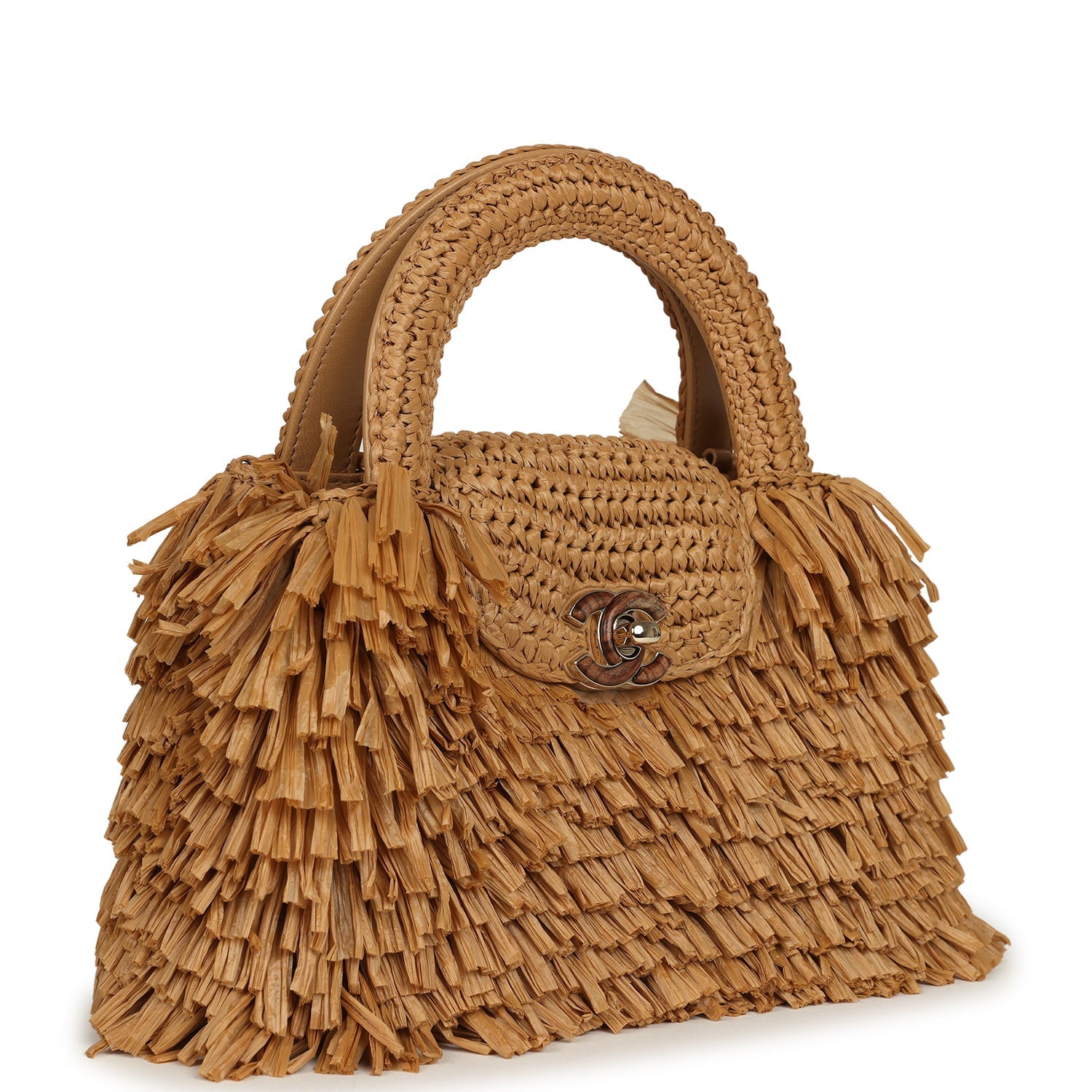 Small Fringe Kelly Dark Beige Raffia Wood and Light Gold Hardware