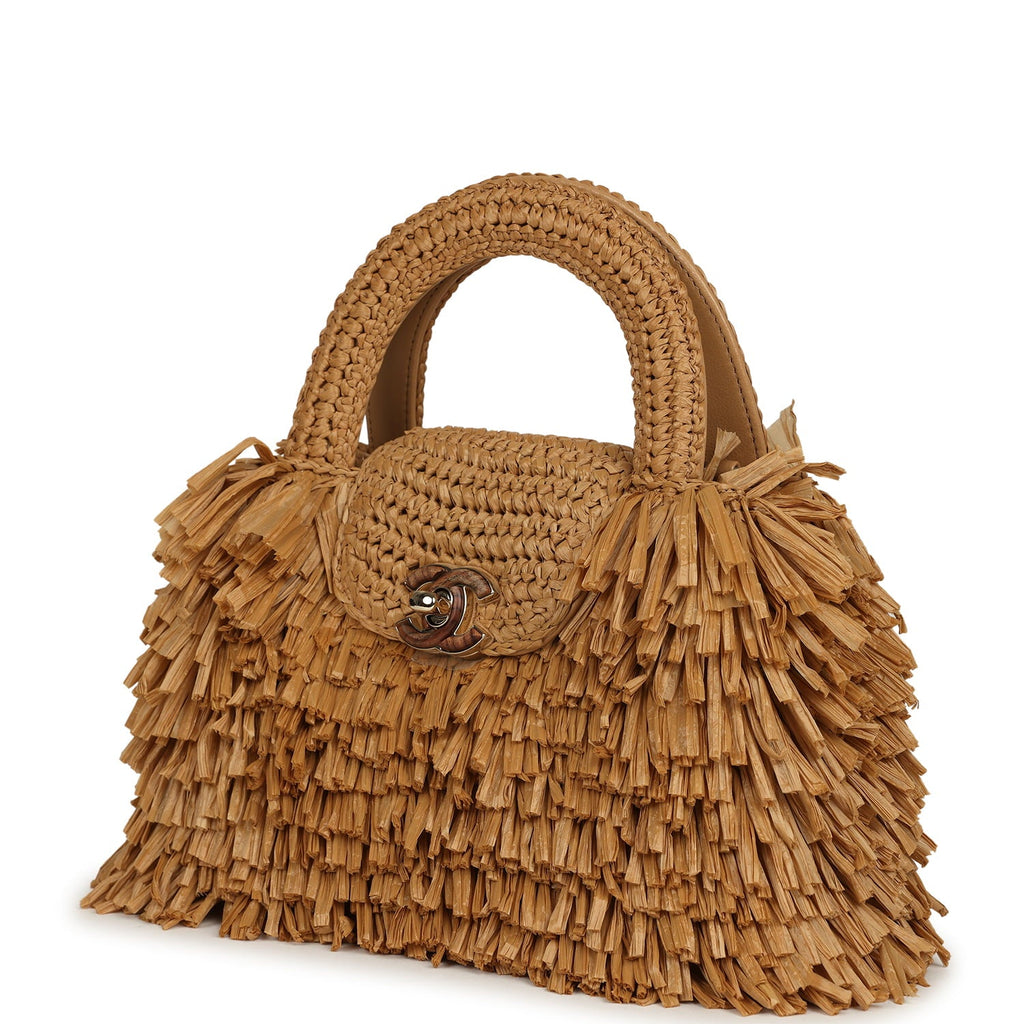 Small Fringe Kelly Dark Beige Raffia Wood and Light Gold Hardware