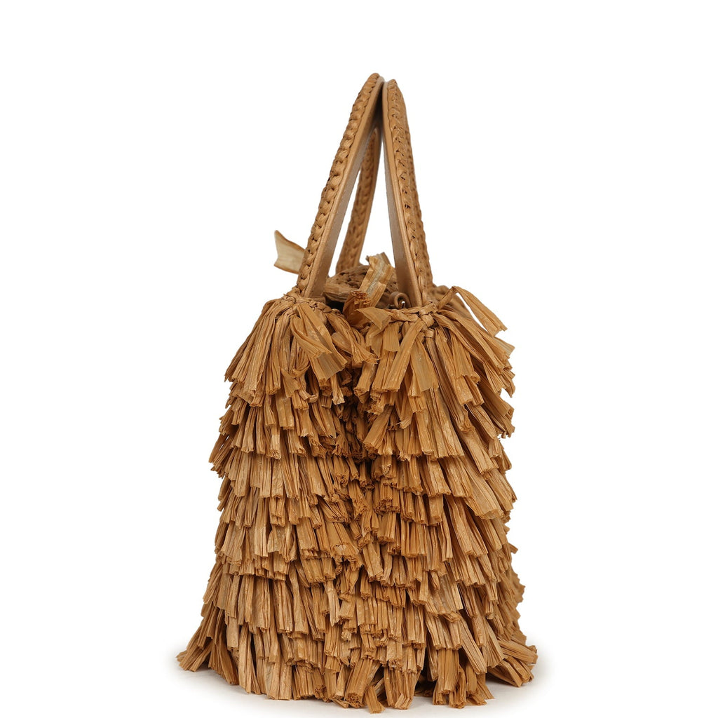 Small Fringe Kelly Dark Beige Raffia Wood and Light Gold Hardware