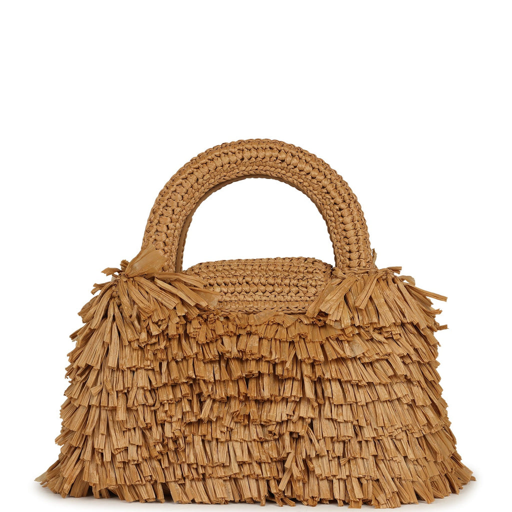 Small Fringe Kelly Dark Beige Raffia Wood and Light Gold Hardware