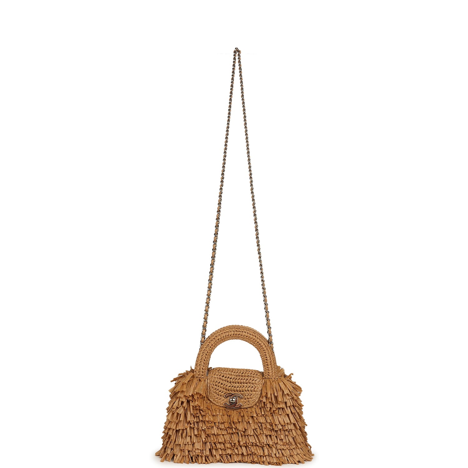 Small Fringe Kelly Dark Beige Raffia Wood and Light Gold Hardware