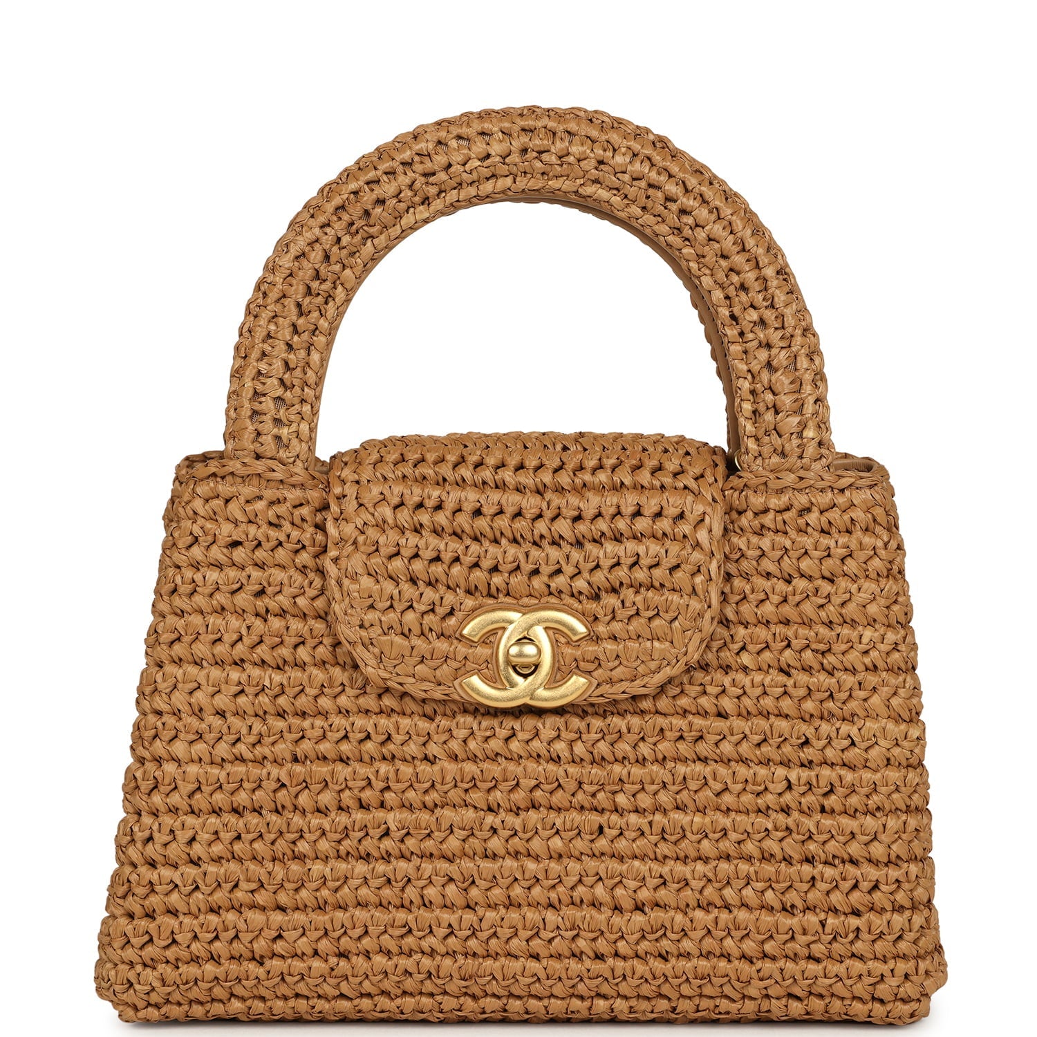 Small Kelly Dark Beige Raffia Brushed Gold Hardware