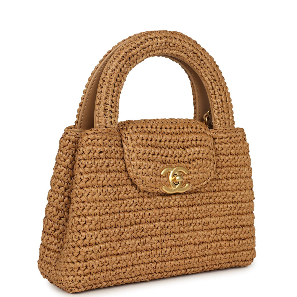 Small Kelly Dark Beige Raffia Brushed Gold Hardware