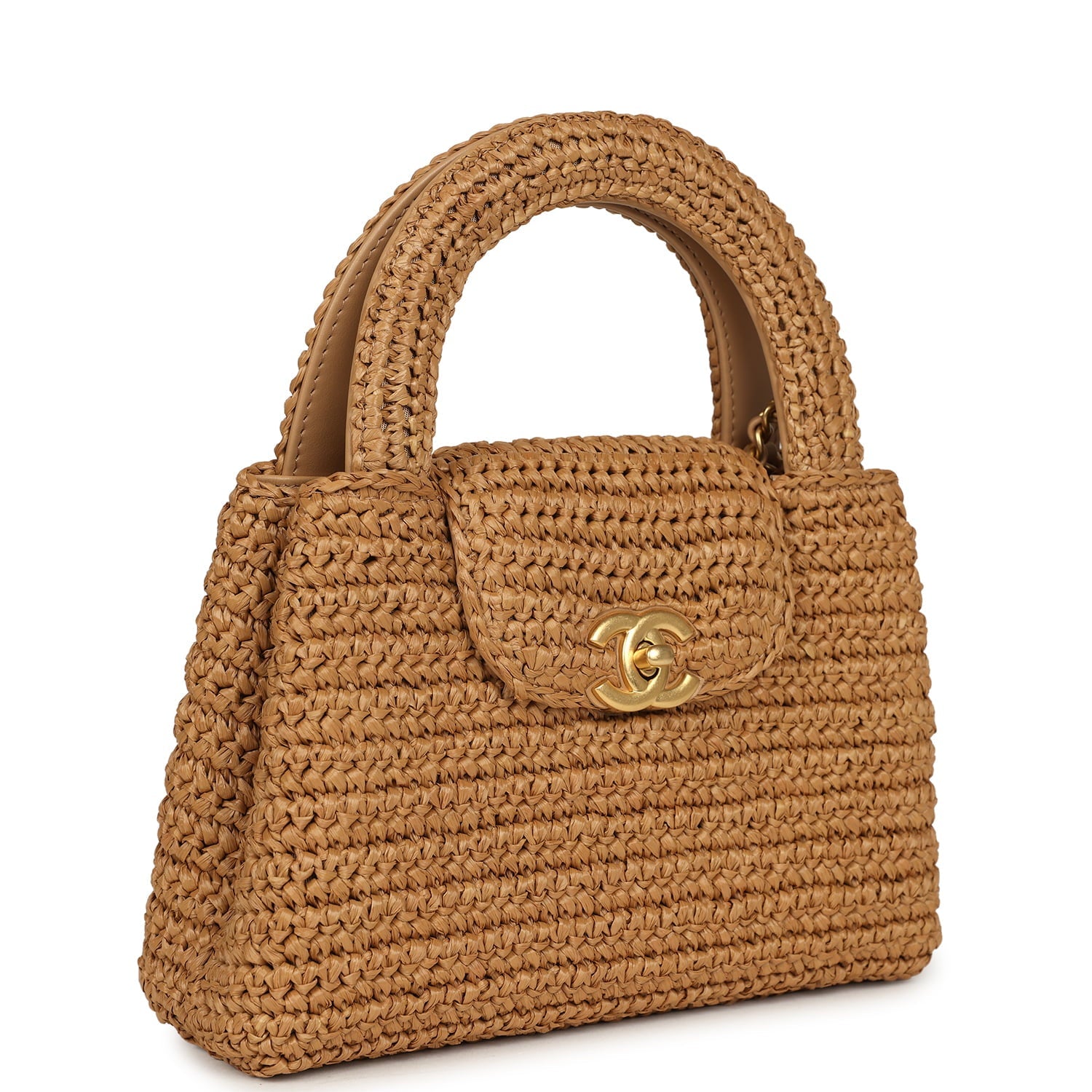Small Kelly Dark Beige Raffia Brushed Gold Hardware