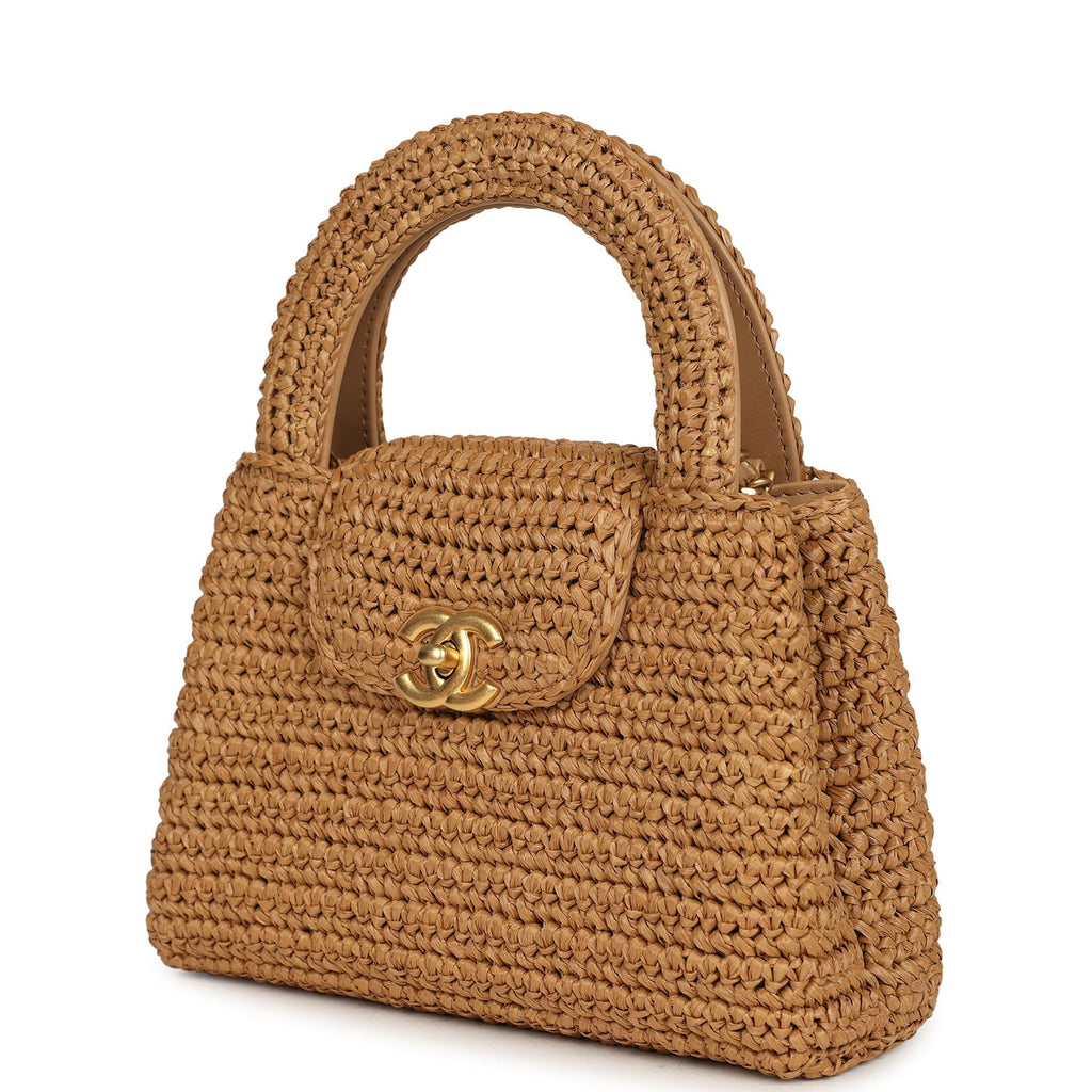 Small Kelly Dark Beige Raffia Brushed Gold Hardware