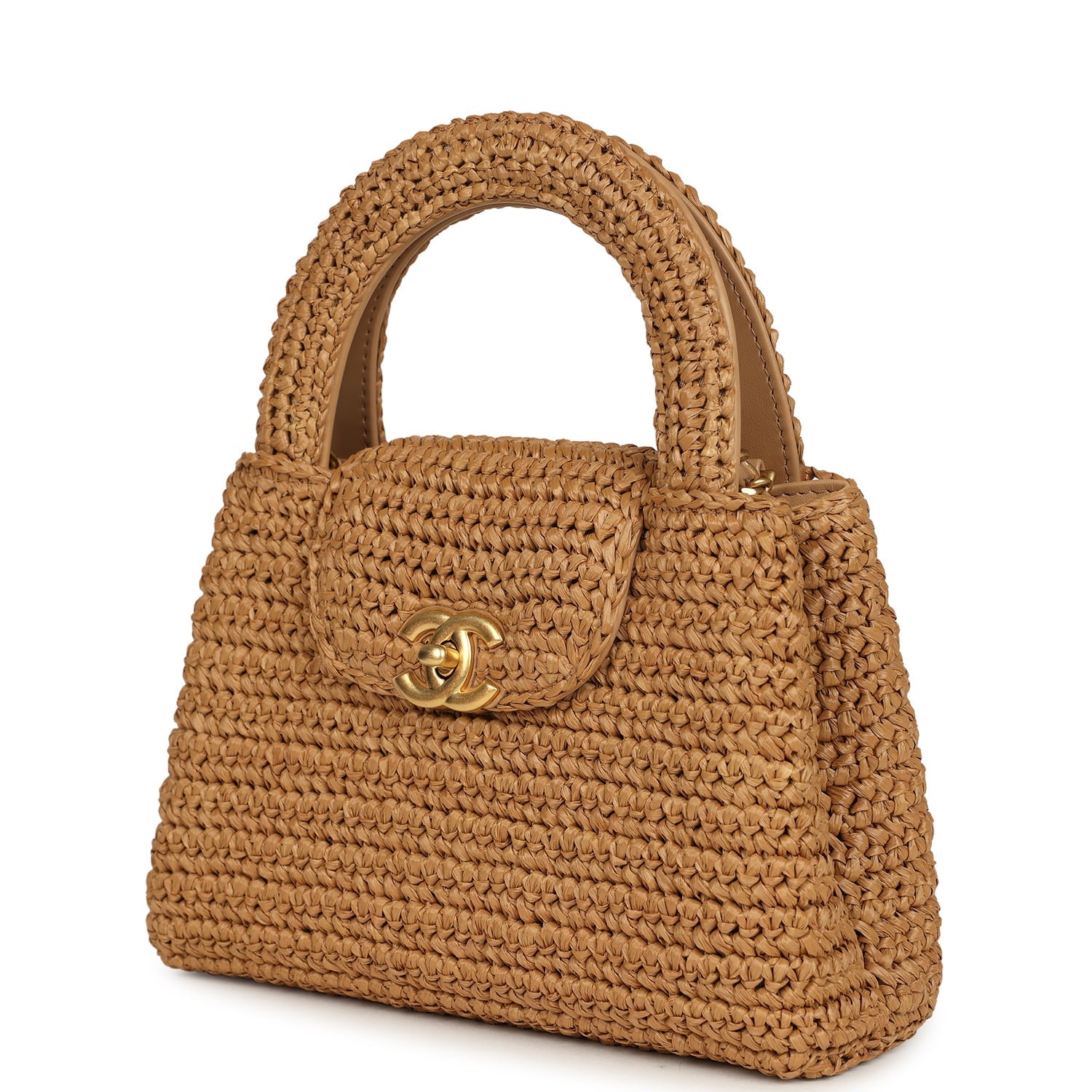 Small Kelly Dark Beige Raffia Brushed Gold Hardware