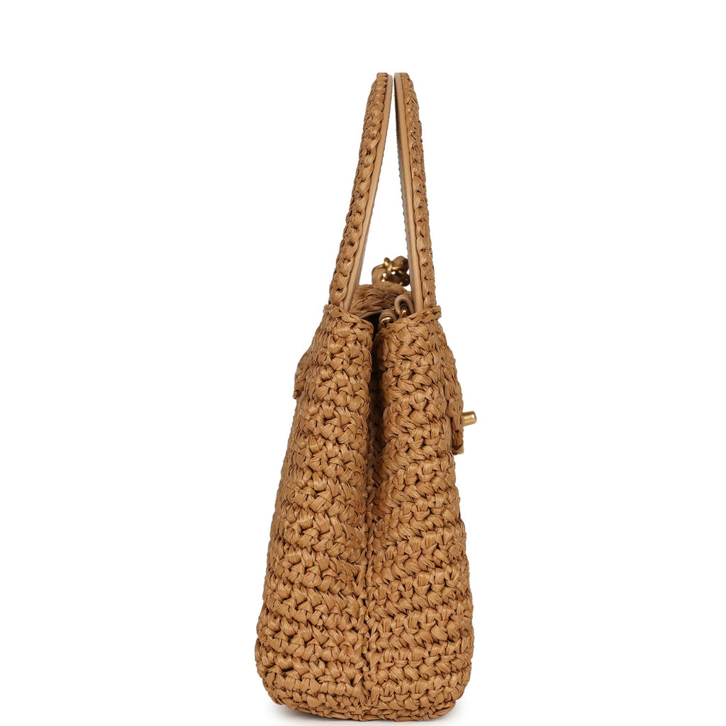 Small Kelly Dark Beige Raffia Brushed Gold Hardware