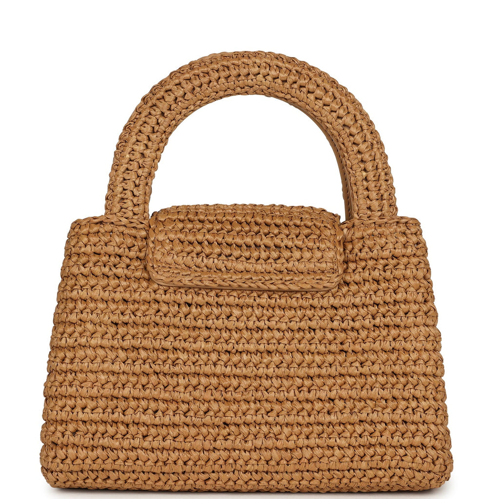Small Kelly Dark Beige Raffia Brushed Gold Hardware
