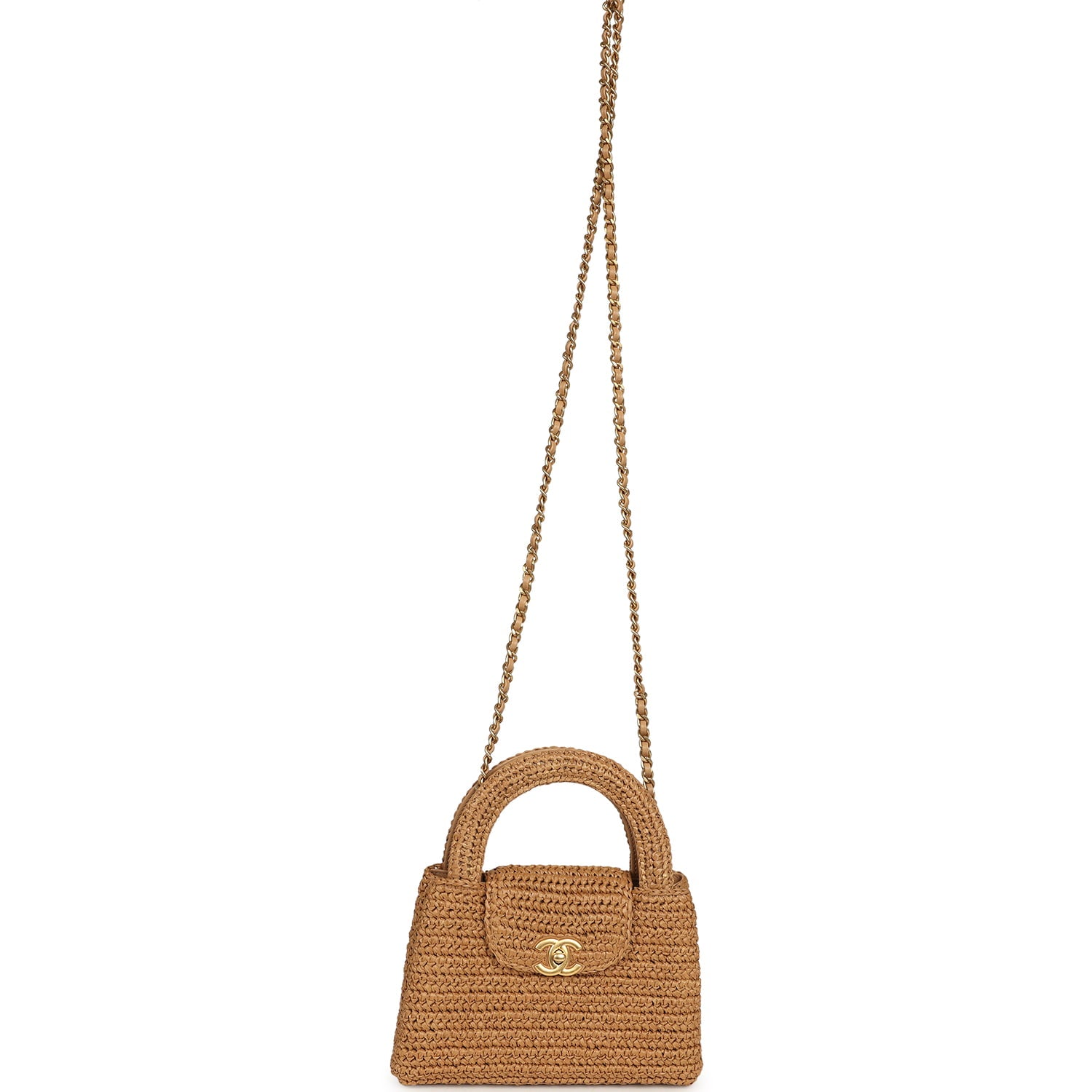 Small Kelly Dark Beige Raffia Brushed Gold Hardware