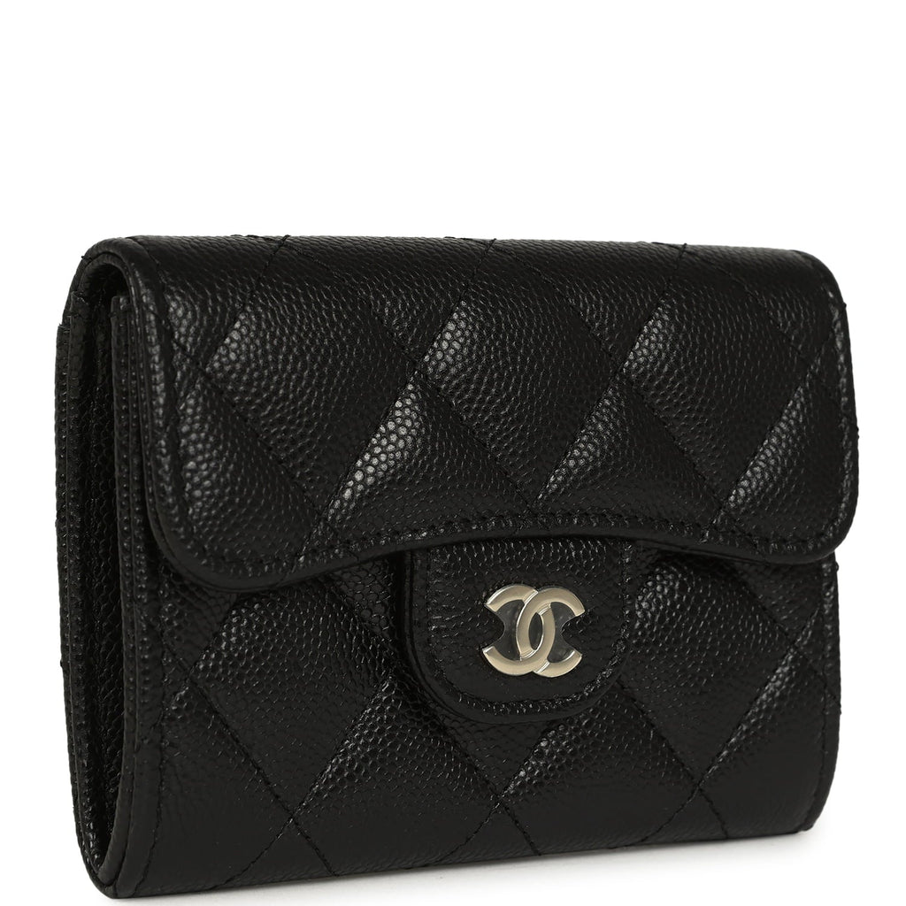 Classic Card Holder Wallet Black Shiny Caviar Light Gold Hardware