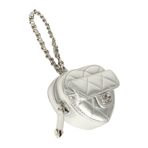 CC In Love Mini Heart Bag Charm Silver Metallic Lambskin Silver Hardware