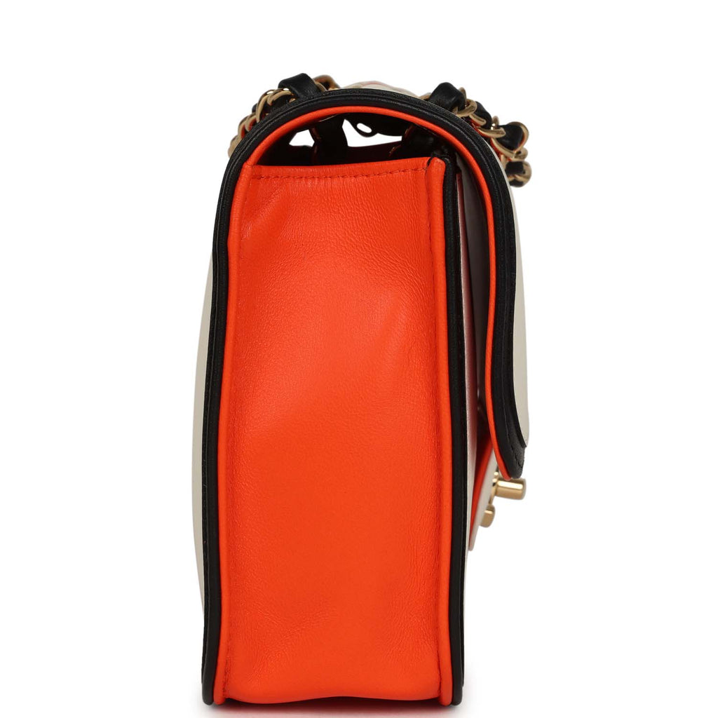 Medium Coco Beach "Tropicoco" Flap Bag Orange, White and Black Lambskin Gold Hardware