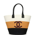 Maxi Coco Beach Small Shopping Bag White, Dark Beige, Black Raffia and Calfskin