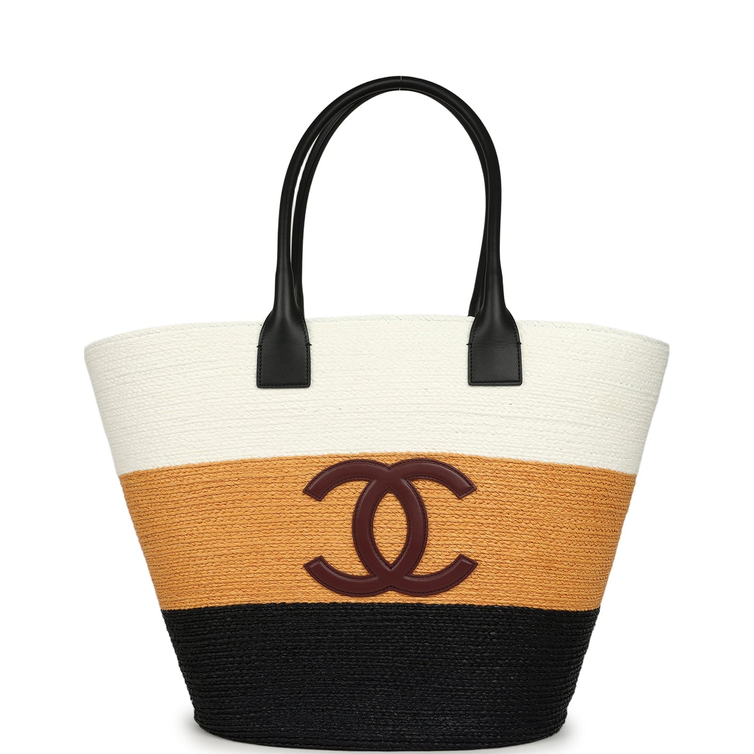 Maxi Coco Beach Small Shopping Bag White, Dark Beige, Black Raffia and Calfskin