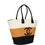 Maxi Coco Beach Small Shopping Bag White, Dark Beige, Black Raffia and Calfskin