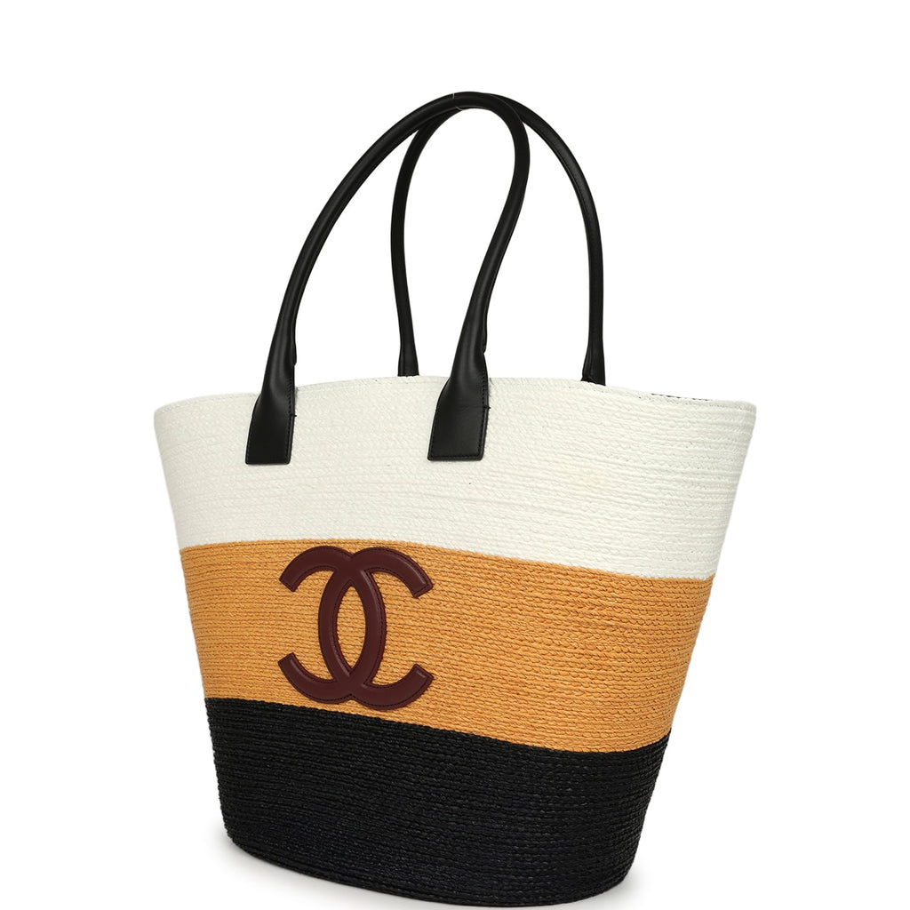 Maxi Coco Beach Small Shopping Bag White, Dark Beige, Black Raffia and Calfskin
