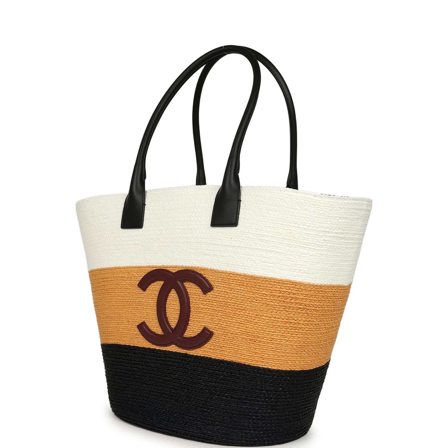 Maxi Coco Beach Small Shopping Bag White, Dark Beige, Black Raffia and Calfskin