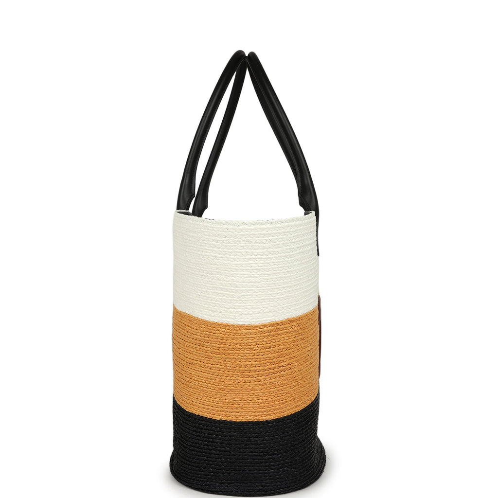 Maxi Coco Beach Small Shopping Bag White, Dark Beige, Black Raffia and Calfskin