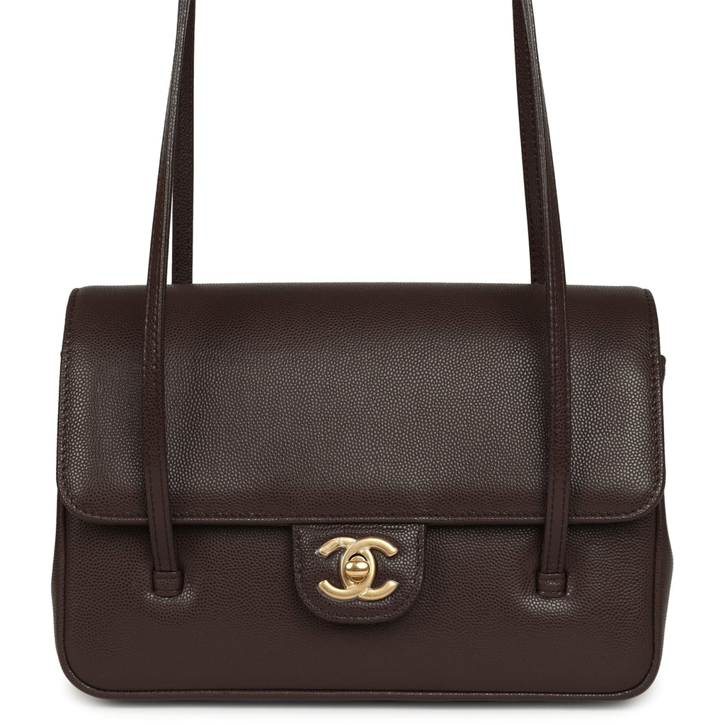 Small Preppy Coco Flap Bag Dark Brown Shiny Caviar Brushed Gold Hardware