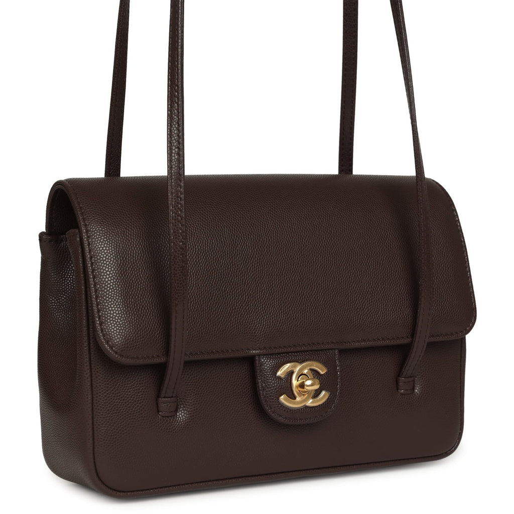 Small Preppy Coco Flap Bag Dark Brown Shiny Caviar Brushed Gold Hardware