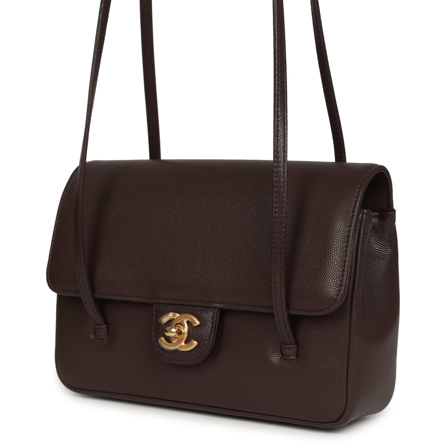 Small Preppy Coco Flap Bag Dark Brown Shiny Caviar Brushed Gold Hardware