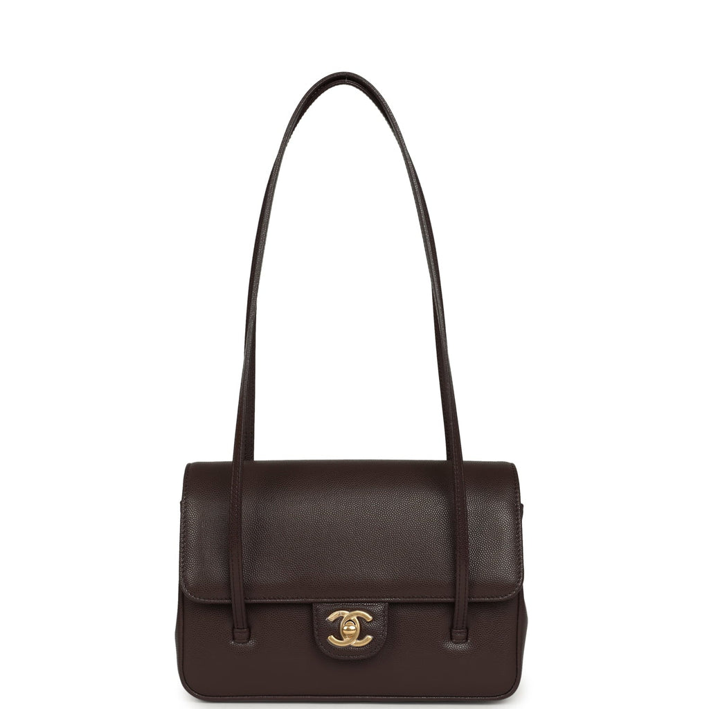 Small Preppy Coco Flap Bag Dark Brown Shiny Caviar Brushed Gold Hardware
