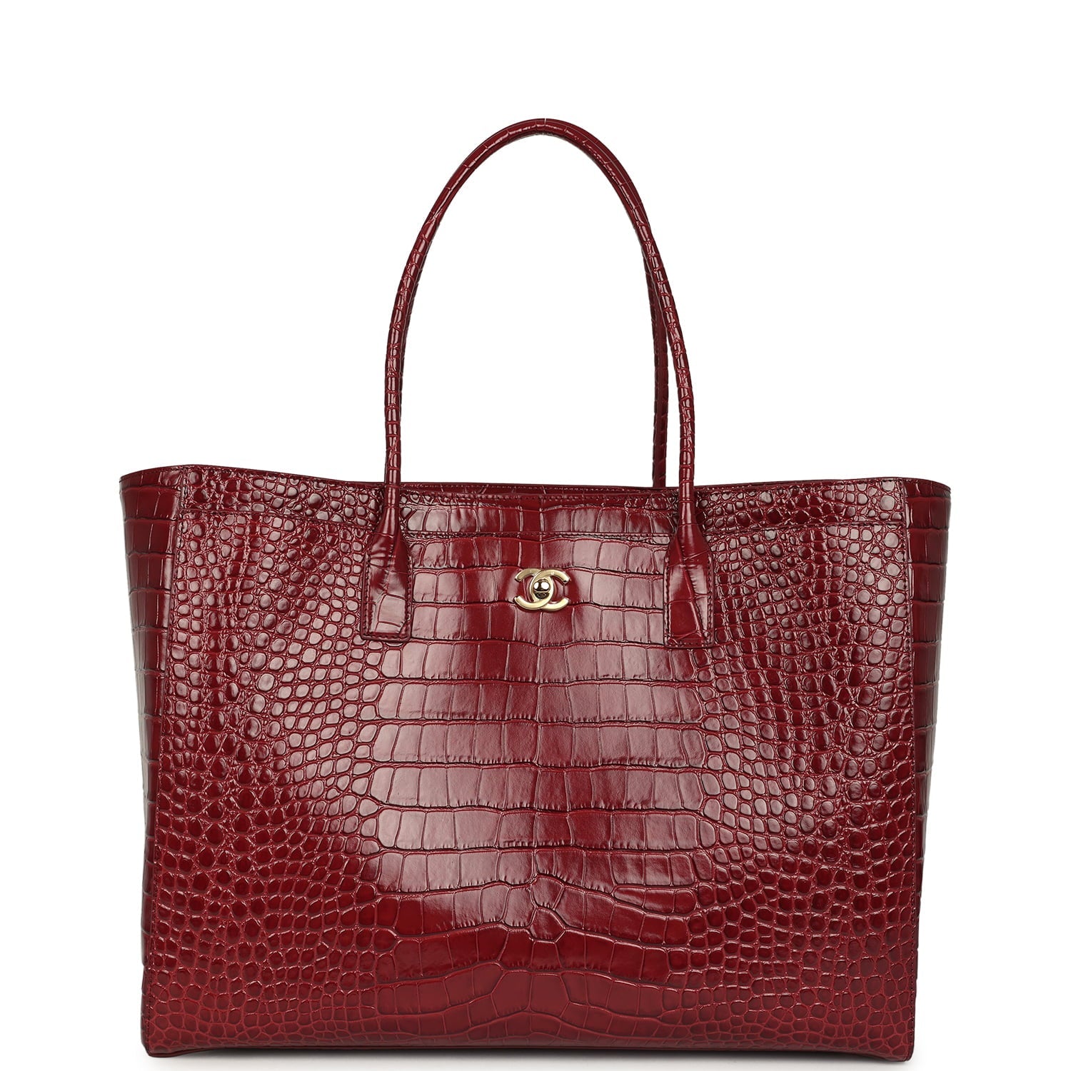 Large Cerf Shopping Bag Burgundy Crocodile Embossed Calfskin Gold Hardware