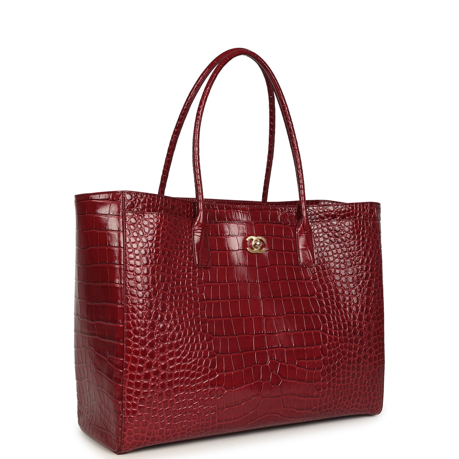 Large Cerf Shopping Bag Burgundy Crocodile Embossed Calfskin Gold Hardware