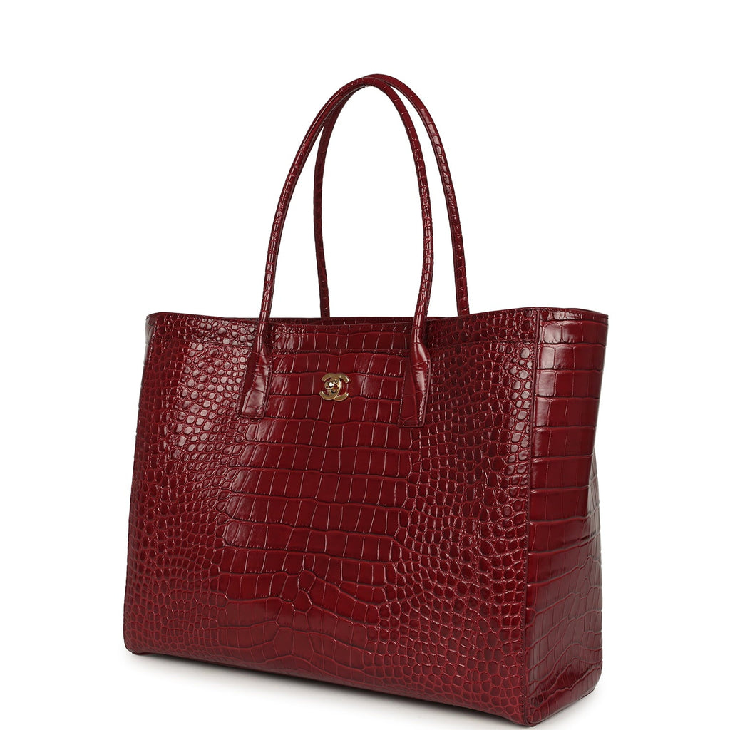 Large Cerf Shopping Bag Burgundy Crocodile Embossed Calfskin Gold Hardware