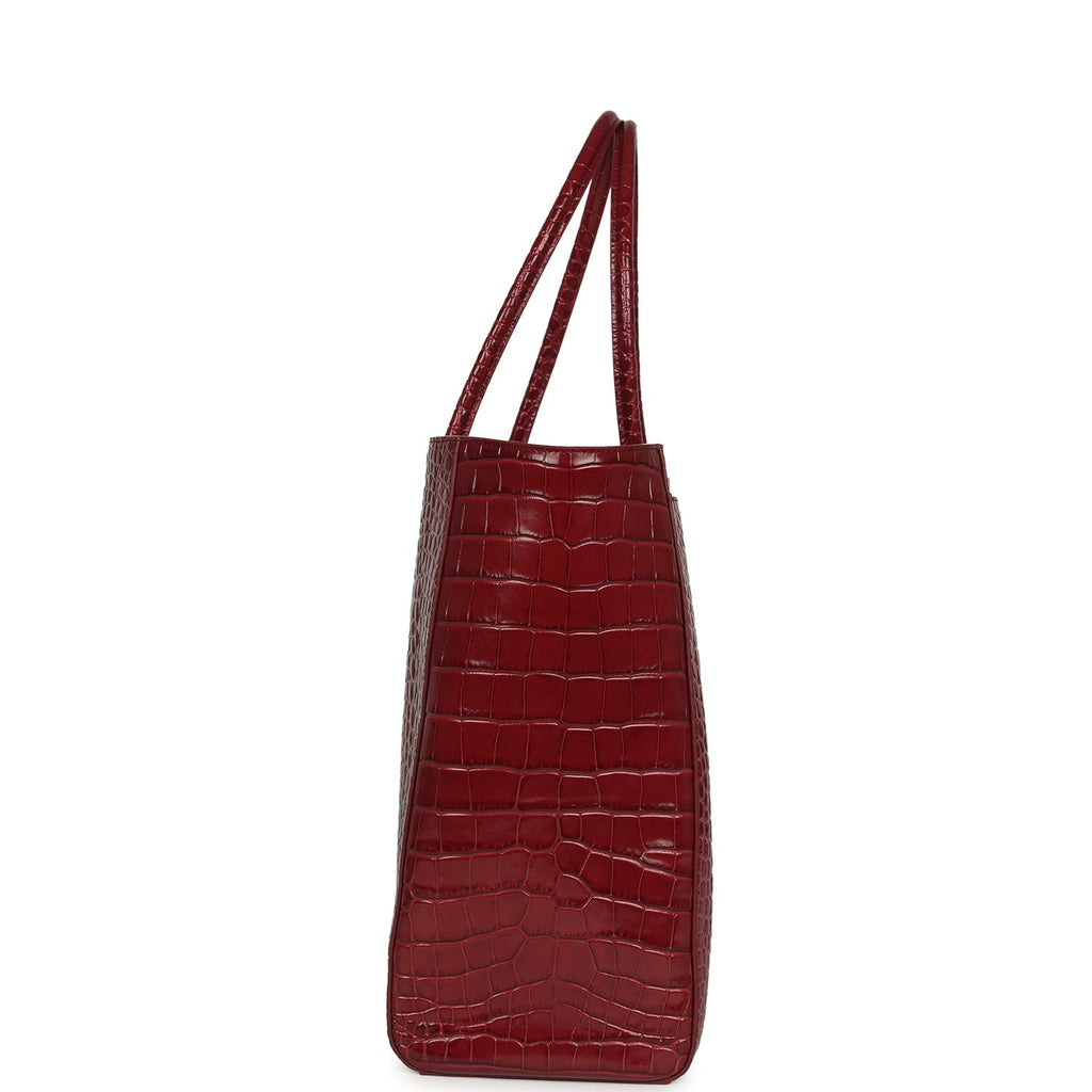 Large Cerf Shopping Bag Burgundy Crocodile Embossed Calfskin Gold Hardware