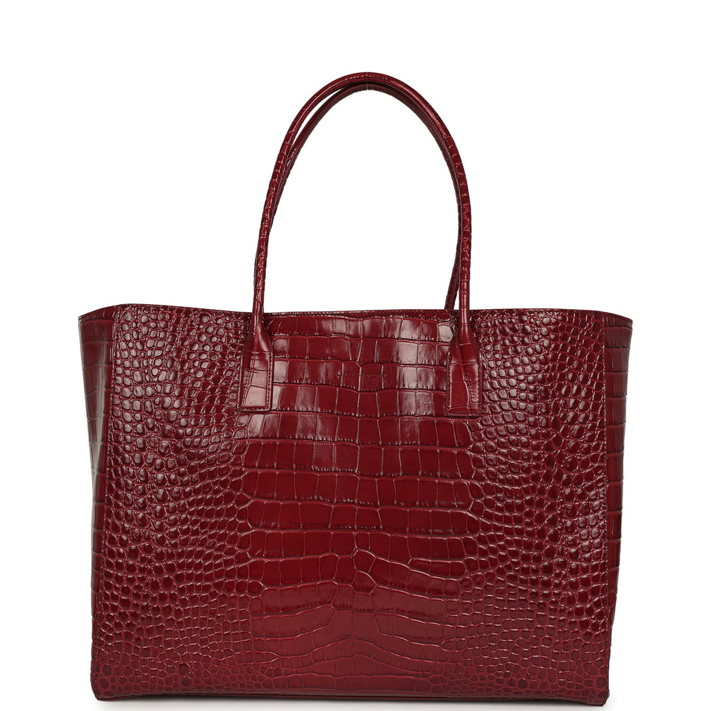 Large Cerf Shopping Bag Burgundy Crocodile Embossed Calfskin Gold Hardware