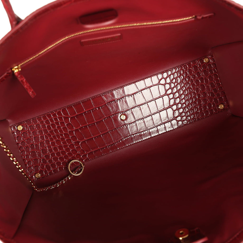Large Cerf Shopping Bag Burgundy Crocodile Embossed Calfskin Gold Hardware
