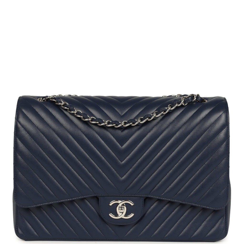 Maxi Classic Chevron Double Flap Bag Dark Blue Caviar Silver Hardware