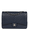 Maxi Classic Chevron Double Flap Bag Dark Blue Caviar Silver Hardware