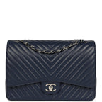 Maxi Classic Chevron Double Flap Bag Dark Blue Caviar Silver Hardware