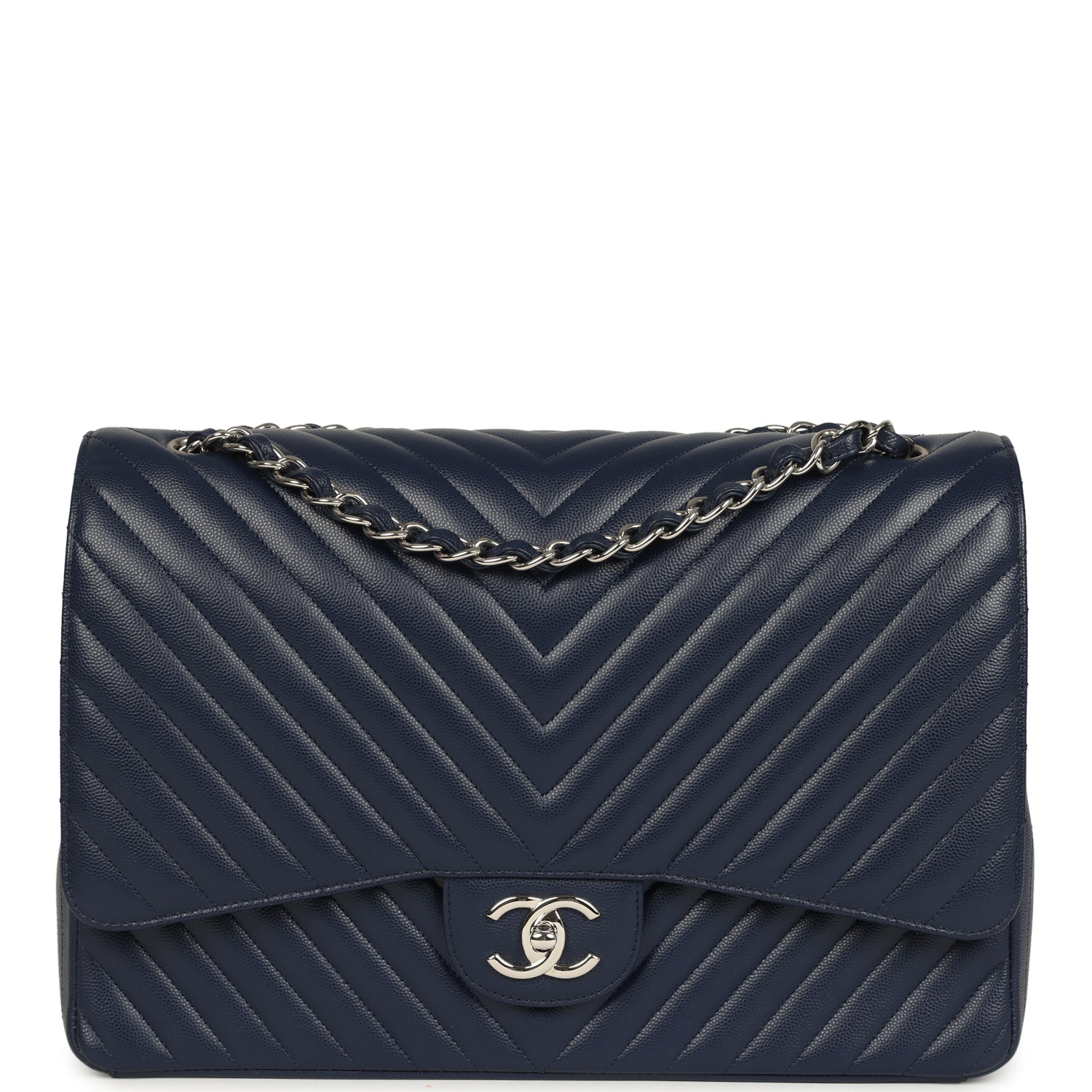 Maxi Classic Chevron Double Flap Bag Dark Blue Caviar Silver Hardware