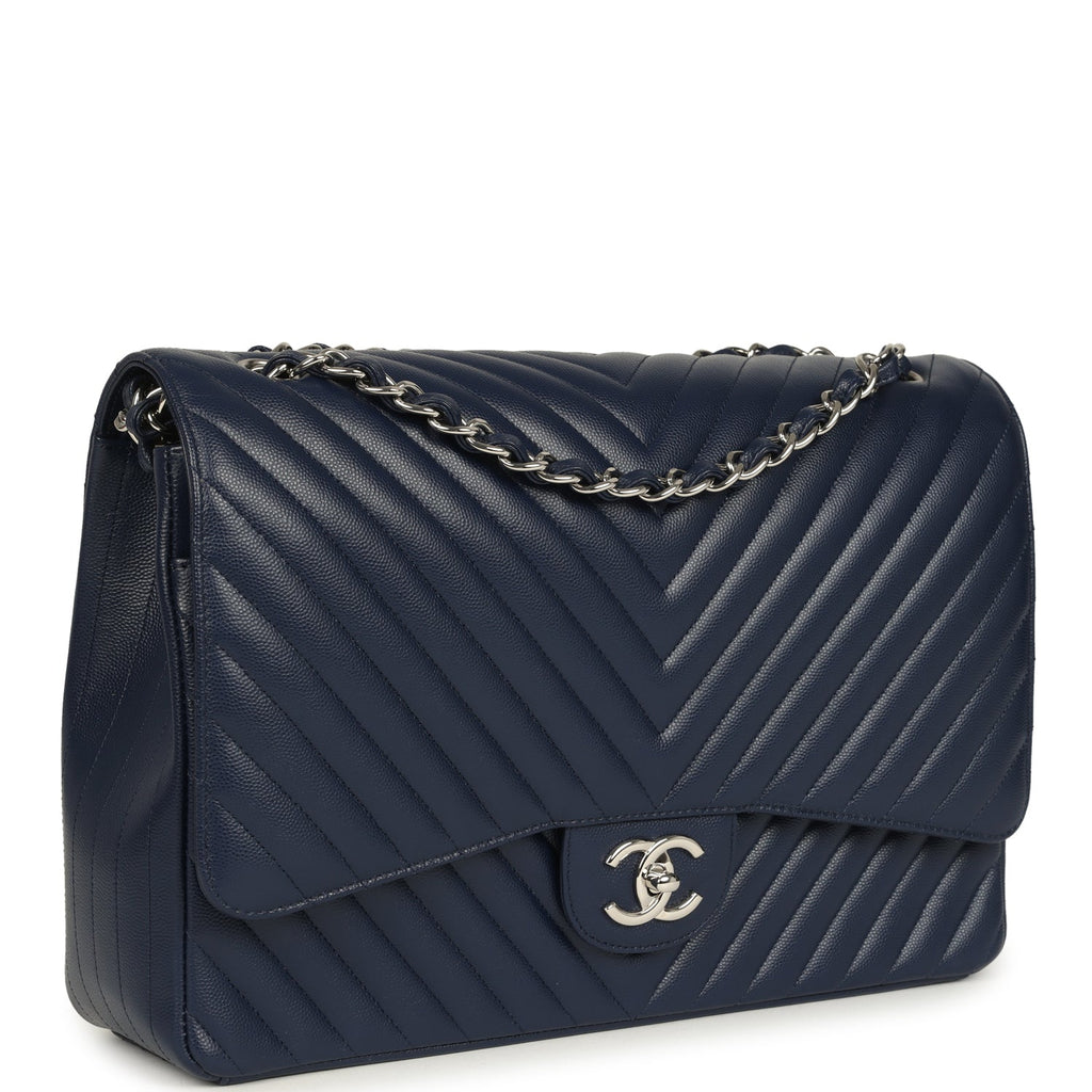 Maxi Classic Chevron Double Flap Bag Dark Blue Caviar Silver Hardware