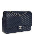 Maxi Classic Chevron Double Flap Bag Dark Blue Caviar Silver Hardware