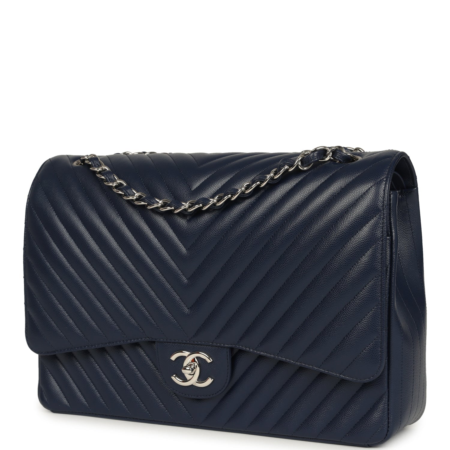 Maxi Classic Chevron Double Flap Bag Dark Blue Caviar Silver Hardware