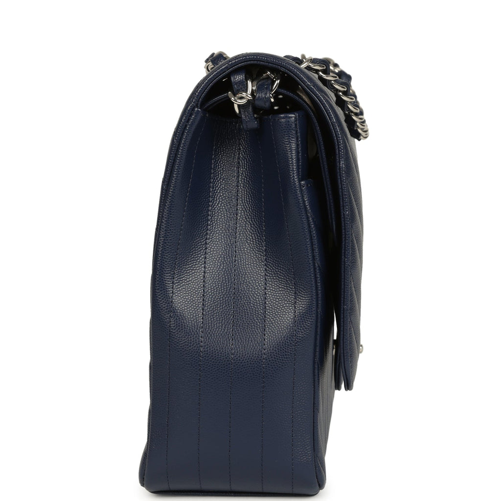 Maxi Classic Chevron Double Flap Bag Dark Blue Caviar Silver Hardware