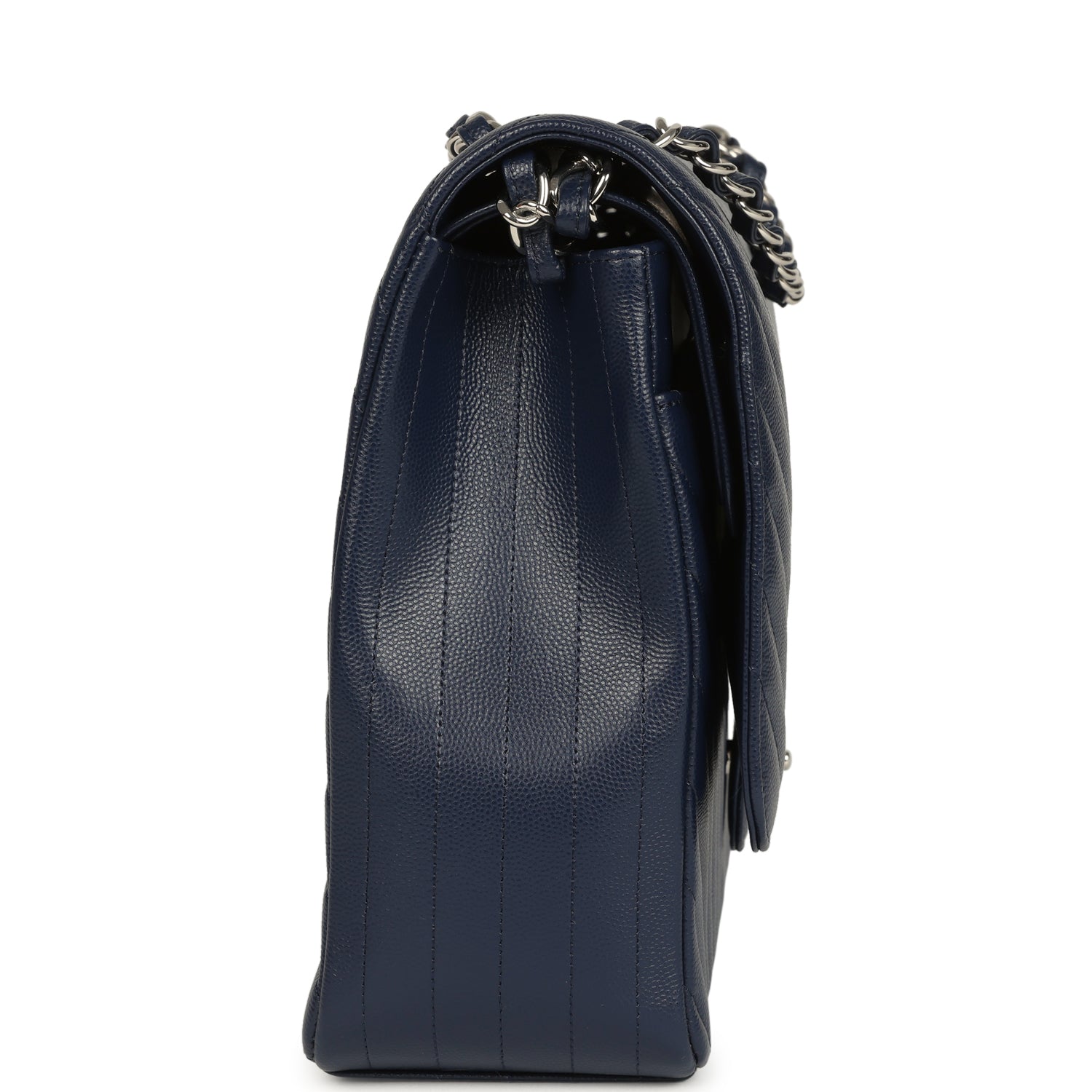 Maxi Classic Chevron Double Flap Bag Dark Blue Caviar Silver Hardware