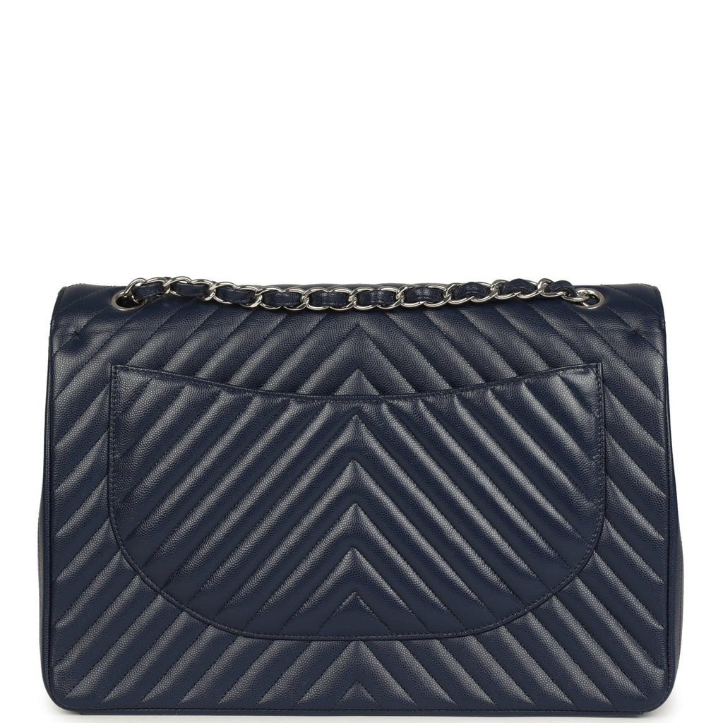 Maxi Classic Chevron Double Flap Bag Dark Blue Caviar Silver Hardware