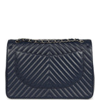 Maxi Classic Chevron Double Flap Bag Dark Blue Caviar Silver Hardware