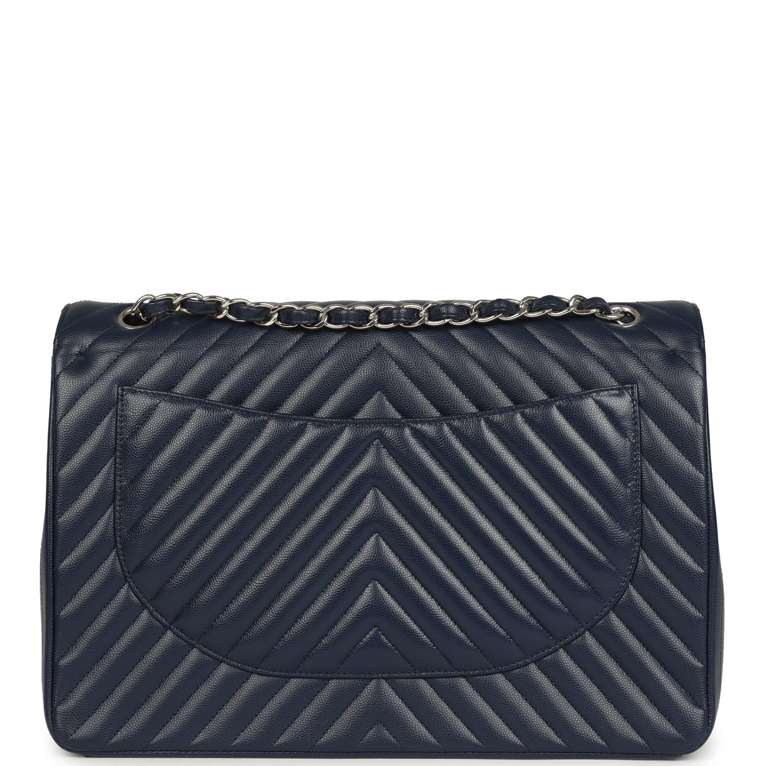 Maxi Classic Chevron Double Flap Bag Dark Blue Caviar Silver Hardware