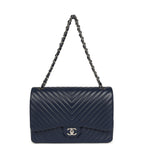 Maxi Classic Chevron Double Flap Bag Dark Blue Caviar Silver Hardware