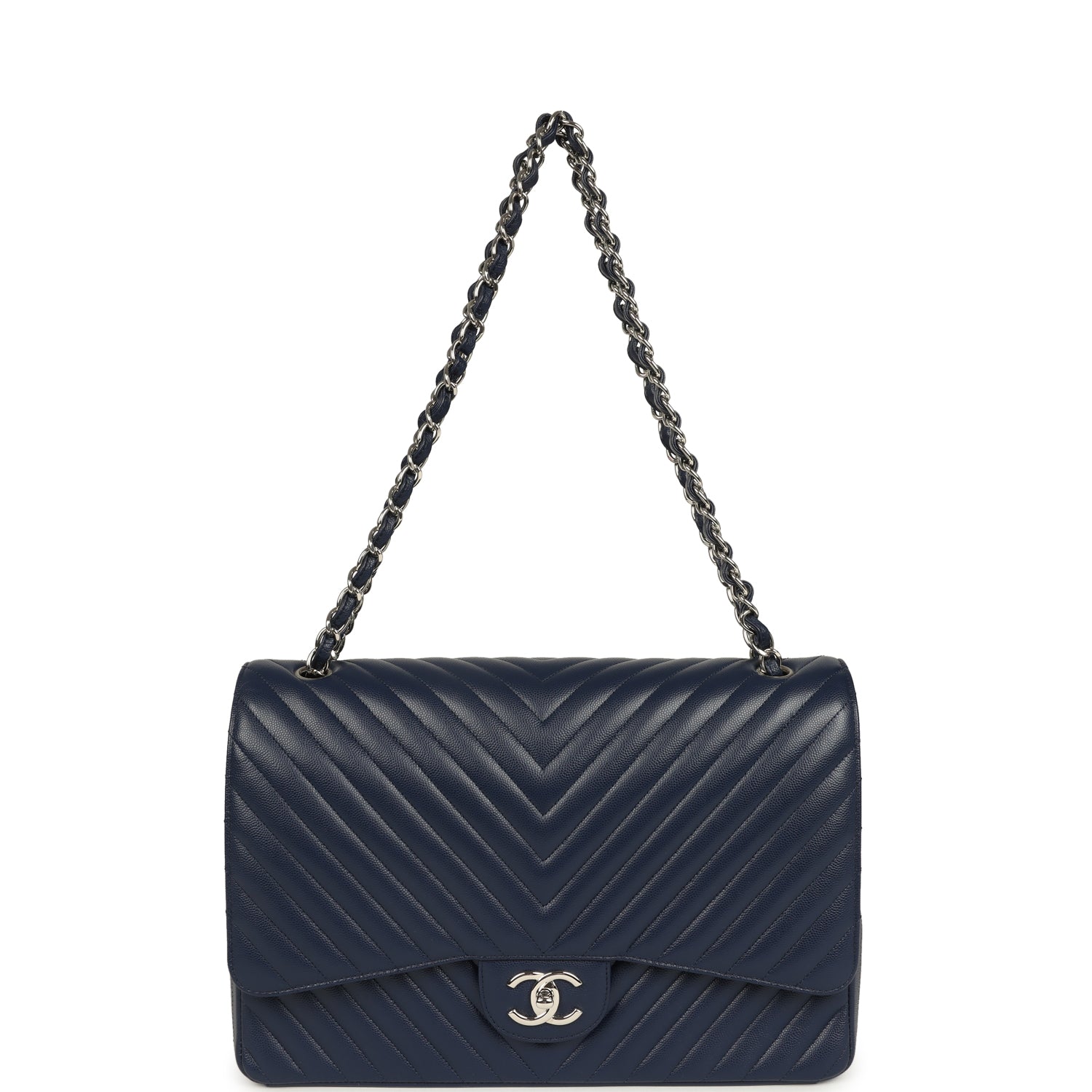 Maxi Classic Chevron Double Flap Bag Dark Blue Caviar Silver Hardware