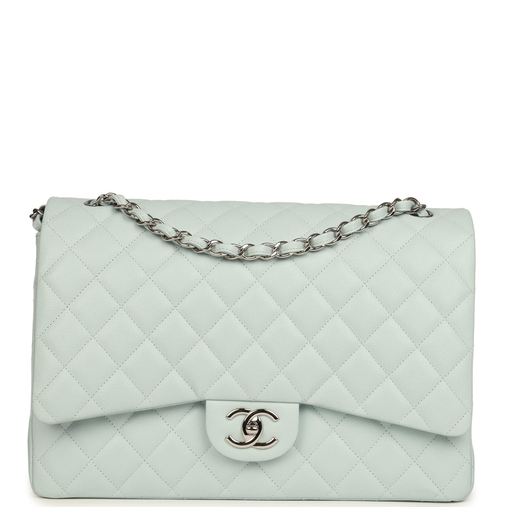 Maxi Classic Double Flap Bag Light Blue Shiny Caviar Silver Hardware