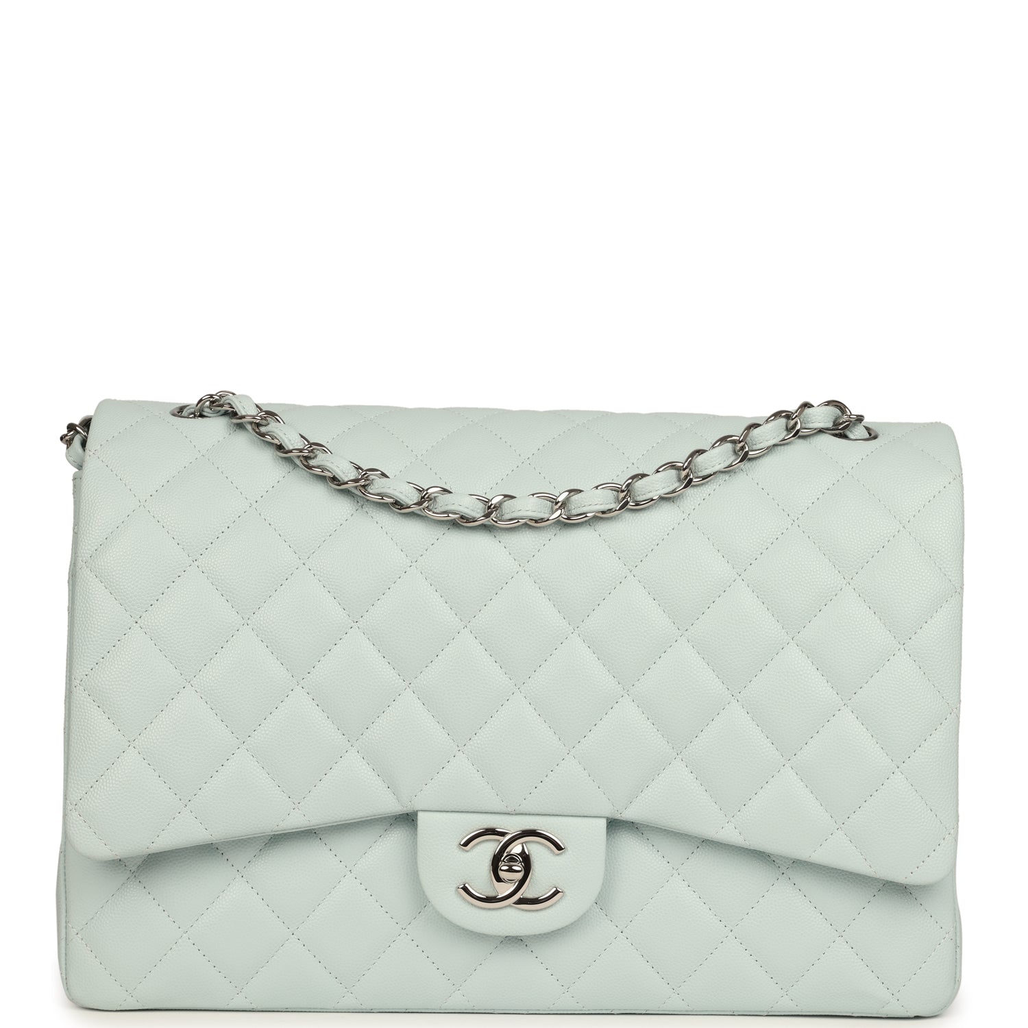 Maxi Classic Double Flap Bag Light Blue Shiny Caviar Silver Hardware