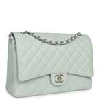 Maxi Classic Double Flap Bag Light Blue Shiny Caviar Silver Hardware
