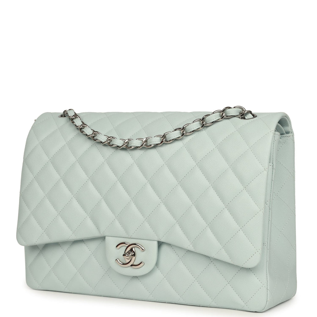 Maxi Classic Double Flap Bag Light Blue Shiny Caviar Silver Hardware